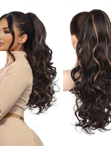  Pferdeschwanzverlängerung, 66 cm (26 Zoll) lange, lockige, gewellte Pferdeschwanzverlängerung mit Kordelzug, synthetisches Clip-in-Pferdeschwanz-Haarteil für Damen, dunkelbraun mit Highlights, 66 cm