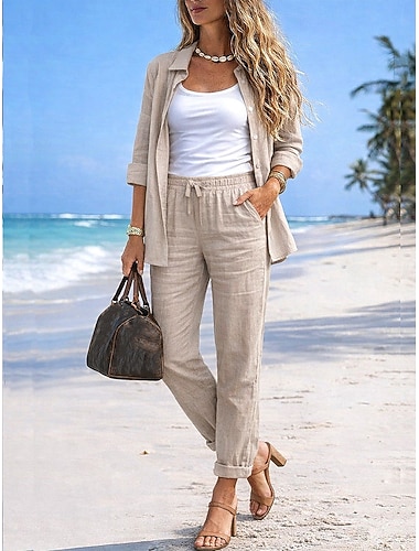  Mujer Conjuntos de pantalones Bolero Lino de algodón sintético Manga Larga Cuello Camisero Color sólido Moda Ropa de calle Casual Diario Exterior Blanco Caqui Gris Oscuro Verano Ajuste regular