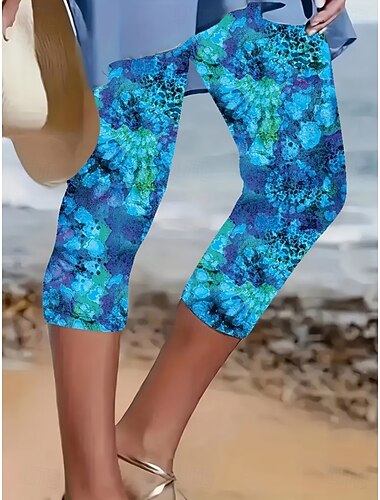  Damen Caprihose Leggings Urlaub Vintage Mode Wadenlang Mittlere Taille Blumen Grafik 3D-Druck Drucken Komfort Weich Atmungsaktiv Dehnbar Lässig Täglich Urlaub Blau Sommer Frühling Schmale Passform