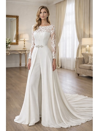  Combinaisons Longueur au sol Robes de mariée Simple Occasionnel manche longue Col Illusion Dentelle Tissu Extensible avec Ceinture en étoffe Cristaux Appliques