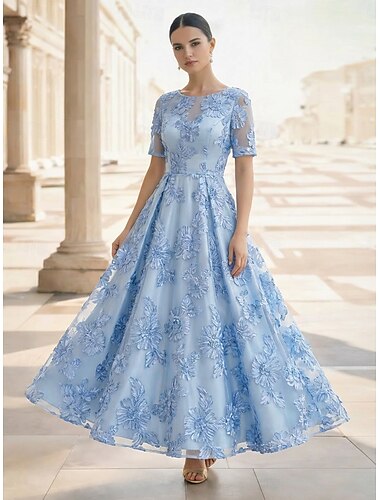  А-силуэт В пол Платье для матери невесты С короткими рукавами Вырез под горло Иллюзионный декор Элегантный стиль Винтаж Официальные Тюль с 3D Цветы Вышивка Аппликации