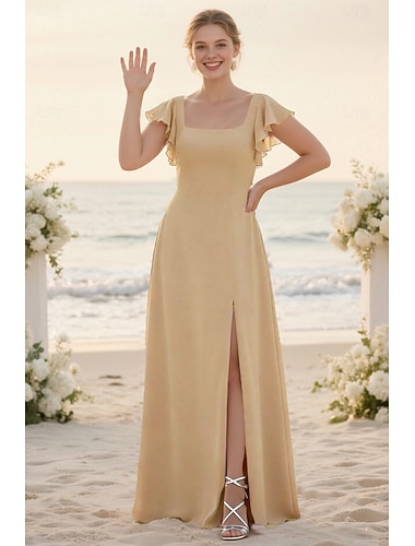  A-linje Brudepikekjole Rett halslinje Kortermet Elegant Gulvlengde Chiffon med Drapert / Delt front