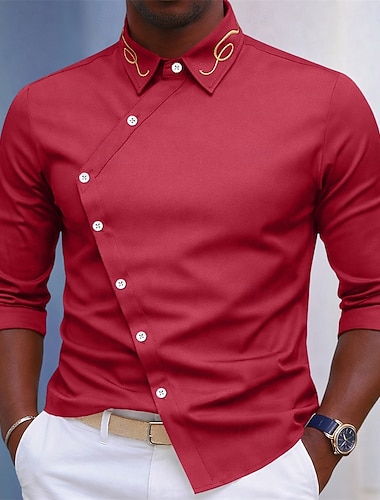  Herre Skjorte Dresskjorter Skjorte med knapper Ballskjorte Fargeblokk Daglig Virksomhet Svart Hvit Rød Mørkeblå Langermet Aftæpning Alle årstider Klær Broderi