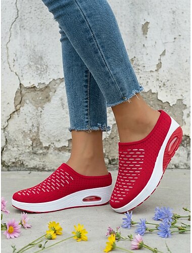  Γυναικεία κόκκινα casual αθλητικά mules με πλατφόρμα αέρα - αναπνεύσιμο πλέγμα στο πάνω μέρος, ελαφριά και άνετα παπούτσια για περπάτημα για γυναίκες, ιδανικά για καθημερινή χρήση, ταξίδια, ψώνια,