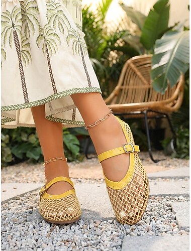  Dames Mary Jane ballerina's van lichtblauw mesh - ademende netballerina's met gespbandje, ideaal voor buitenactiviteiten, tropische vakanties en zomervakanties.