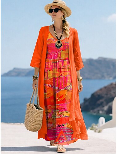  Damen Kleid-Set A Linie Kleid Urlaub Lässig Grafik Geometrisch Druck Maxikleid Dreiviertelarm V Ausschnitt Täglich Blau Purpur Orange Sommer Frühling Lässiger Schnitt
