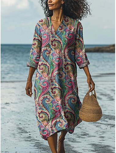  Γυναικεία Μακρύ φόρεμα Φόρεμα για τον ήλιο Φόρεμα ριχτό Διακοπές Καθημερινό Παραλία Εξόδου Χαλαρή Εφαρμογή Φλοράλ Γραφική Γεωμετρικό Μακρυμάνικο Λαιμόκοψη V Πράσινο Ανοικτό Βυσσινί Πορτοκαλί