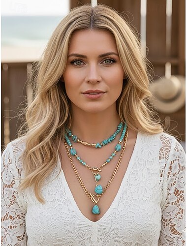 Women's Bohemian Layered Necklace Set, Alloy Chain & Turquoise Beaded Pendant Necklaces, Vintage Chic Jewelry for Women, Perfect for Daily Casual, Vacation, Beach & Party Wear