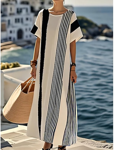  Per donna Abito maxi Vestito T-Shirt Abito a Tubino Vacanza Casual All'aperto Uscire Vestibilità comoda A righe Manica Corta Girocollo Blu Nero Marrone Viola scuro Estate Primavera