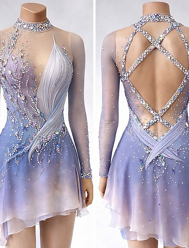  Abito da pattinaggio artistico Per donna Pattinaggio sul ghiaccio Vestito Blu / bianco Patchwork Schiena aperta Elasticizzato Allenamento Competizione Vestiti da pattinaggio sul ghiaccio Classico