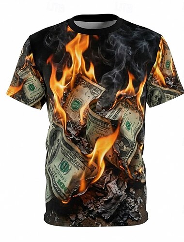 Herr t-shirt med brinnande pengar, 3D-dollarsedel, eld och flamma, grafiskt tryck, rund hals, kortärmad, streetwear-t-shirt, one 100 usa, kläder, sm, l, xl, xxl, xxxl