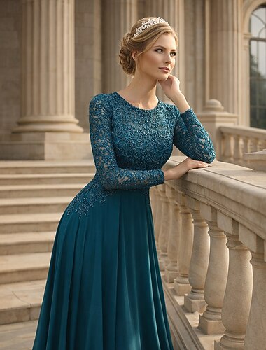  A-linje Gulvlang Gæstekjole til bryllup Formel kjole Aftenkjole Kjole til brudens mor Langærmet Rund hals Elegant Fest Formel Bryllupsgæst Formel aften Blondelukning med Plissé