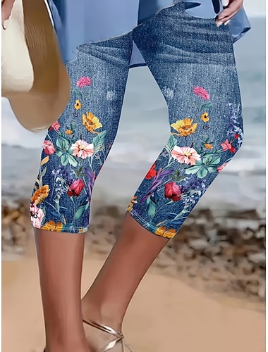  Femmes Pantalon capri Leggings Vacances Hawaïen Élégant Capris Taille moyenne Fleuri Graphique Imprimé Confort Élastique Extérieur Vacances Formel Bleu Blanche Vert Été Printemps Automne Coupe Slim