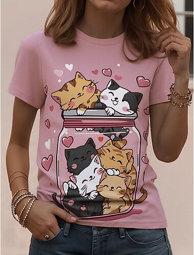  Women's T Shirt Print Graphic Animal Cat Vintage Stylish Classic Short Sleeve Crew Neck Regular Tops Daily Weekend Apricot pink Pink Khaki Summer Spring Fall