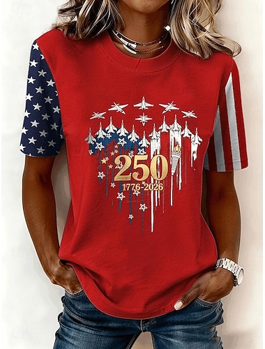  Onafhankelijkheidsdag Amerikaanse Jubileum Patriottische Dames T-shirt Print Grafisch Vlag Letter Stijlvol Klassiek Casual Korte Mouw Crew Neck Reguliere Tops Dagelijks Blauw Zwart Rood Zomer Lente