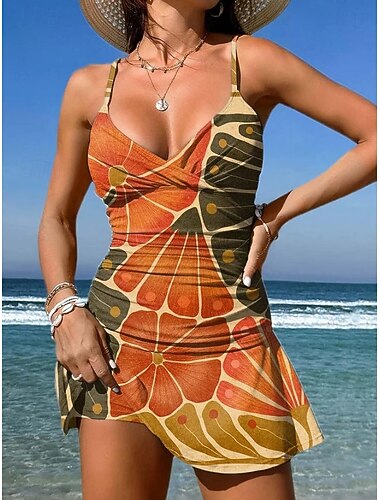  Dames Zwemkleding Een stukje Rok Zwempak Elegant Vakantie Bloemig Grafisch V-hals Mouwloos Badpakken