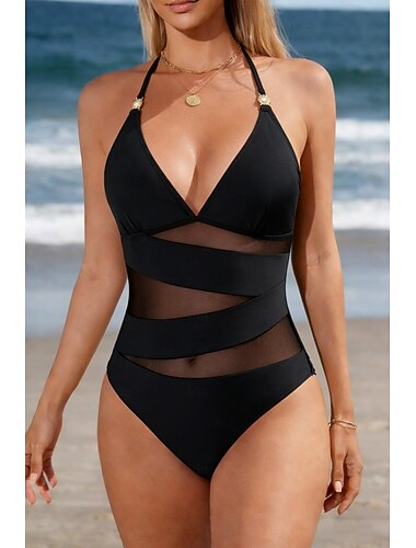  女性用 スイムウェア ワンピース モノキニ 水着 メッシュ おなかコントロール ハイウエスト スリム バックレス 旅行度假风 ビーチウェア 純色 Ｖネック ノースリーブ 水着