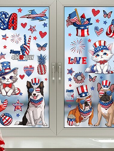  18 ark vindusklistremerker med 4. juli-motiv, 3-pakninger med patriotiske statiske klistremerker med søte hunder og katter, gjenbrukbare klistremerker med USA-flagg og uavhengighetsdagsmotiv for