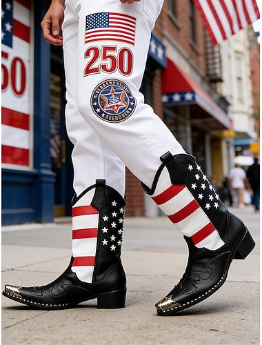  Herren-Cowboystiefel mit amerikanischer Flagge zum 250. Jahrestag der Vereinigten Staaten – Echtleder, patriotisches Design, bequem, stilvoll, für den 4. Juli, den Unabhängigkeitstag, Musikfestivals und Freizeitkleidung