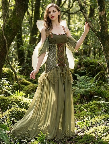 Médiéval Renaissance Chic Longueur au sol Robe avec accessoires Sans manches Elfe Fée Déguisement Femmes Fantaisie Halloween Carnaval Foire de la Renaissance LARP Adultes Robe Ailes Printemps Toutes