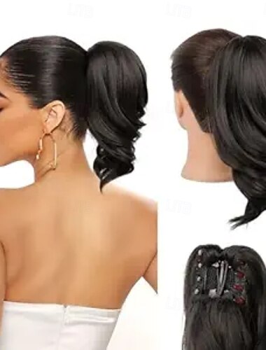  Poninhäntäpidennys - 12" kynsipidike poninhännälle, luonnonpehmeät, synteettiset, luonnollisen laineikkaat poninhäntäpidennykset naisille - mustanruskea, 12"