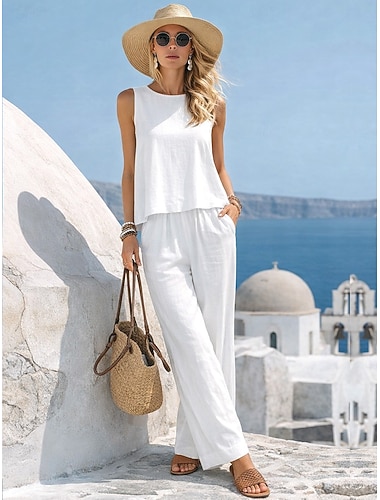  Femmes Ensembles en coton et lin Gilet en coton et lin Ensembles de Pantalons Sans manches Col ras du cou Couleur Unie Mode Streetwear Occasionnel Quotidien Extérieur Blanche Jaune Beige Été Coupe