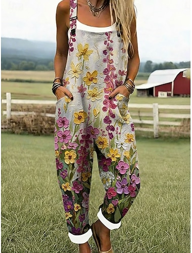  Damen Overall Aktiv Blumen Ärmellos Ärmellos Quadrathals Tasche Druck Täglich Urlaub Lässiger Schnitt Grün Sommer
