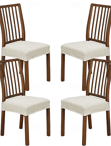 4-teiliges Set Stuhlhussen für Esszimmer, elastisches Jacquard-Streifen-Karo-Design, doppelt elastischer Hockerüberzug mit Schnalle und Zunge, rutschfeste Stuhlkissenbezüge, Set für Zuhause, Hotel und
