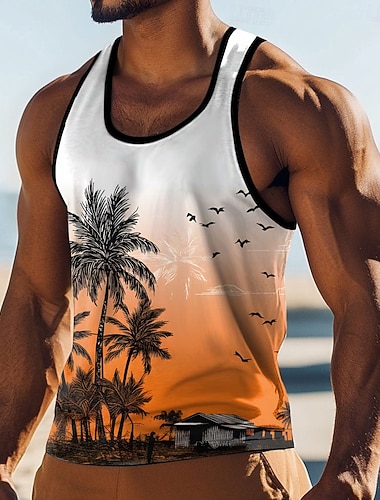  Herre palmetre solnedgang strandhytte tropisk måke grafikk tanktopp vest ermeløs skjorte u-hals sommer strandferie ferie mote avslappet sport t-skjorte klær s m l xl xxl xxxl