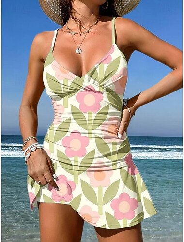 Dames Zwemkleding Een stukje Rok Zwempak Elegant Vakantie Bloemig Grafisch V-hals Mouwloos Badpakken