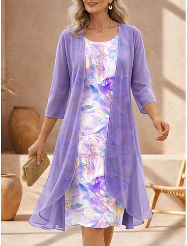 Dam Klänning Set Skiftklänning Sommarklänning Elegant Blommig Grafisk Multi lager Mönster Midiklänning 3/4 ärm Rund hals Dagligen Semester Blå Rodnande Rosa Purpur Sommar Vår Normal