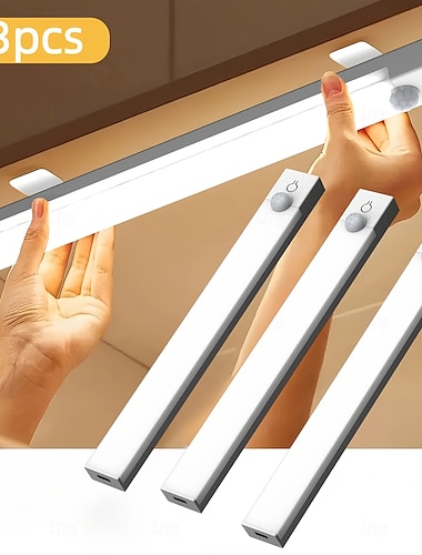  Lot de 3 veilleuses LED intelligentes à détecteur de mouvement, magnétiques et rechargeables, sans fil, avec 3 couleurs de luminosité, pour placard, armoire, casier à vin, chambre, salle de bain,