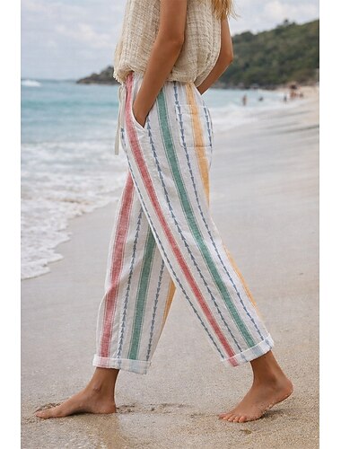  女性用 フェイクコットンリネン スラックス サマーパンツ ストリートファッション カジュアル 全長 ナチュラルウエスト フラワー 平織り ストライプ ポケット プリント 弾性巾着デザイン 快適 屋外 デイリーウェア お出かけ 赤紫色 レッドクルミ ホワイト イエロー 夏 レギュラー