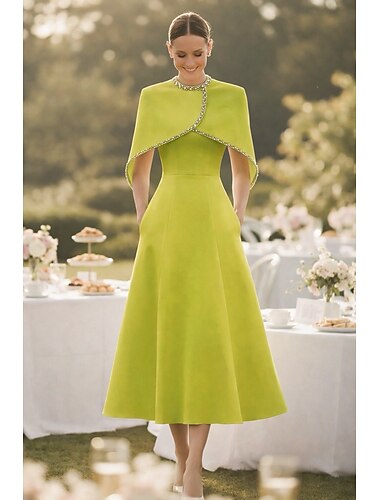  A-Linie Tee-Länge Cocktailkleider Elegant Ärmellos Hoher Ausschnitt Gartenparty Hochzeit Tasche Stretchstoff mit Falten Kristalle Perlenstickerei