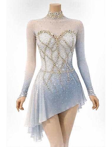  Kunstschaatsjurk Dames Schaatsen Jurken Wit Lapwerk Asymetrische zoom Rekbaar Opleiding Wedstrijd Kunstschaatskleding Klassiek Kristal / Bergkristal Lange mouw Schaatsen Kunstschaatsen