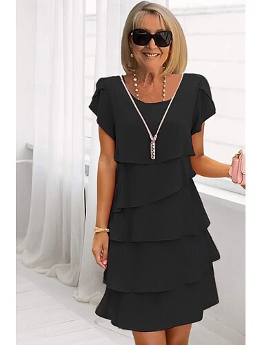  Női Mini ruha Koktélruha Esküvői vendég ruha Sifon ruhák Fodros ruha Elegáns Estély Randi Alkalmi Normál Tiszta szín Rövid ujjú Terített nyak Fekete Ősz