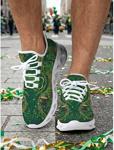  أحذية رياضية رجالية خضراء بنقشة بيزلي احتفالاً بيوم القديس باتريك - أحذية رياضية عصرية بنعل مريح مزود بوسادة هوائية، مثالية للمسيرات &الفعاليات الاحتفالية