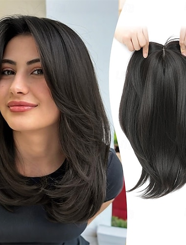  12-Zoll-Haarteil für Damen mit dünnem Haar, 6,5" x 6,5" große Basis, synthetisches Haarteil mit Pony, Kunstfaser-Perücke für Damen, geeignet für Alltag, Arbeit und Partys – braun-schwarz, 12 Zoll