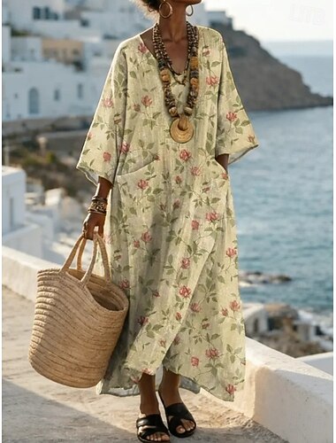  Femmes Robe maxi Robe fourreau Occasionnel Plage Sortir Coupe Ample Fleuri Graphique manche longue Col en V Jaune Vert Kaki Été Printemps