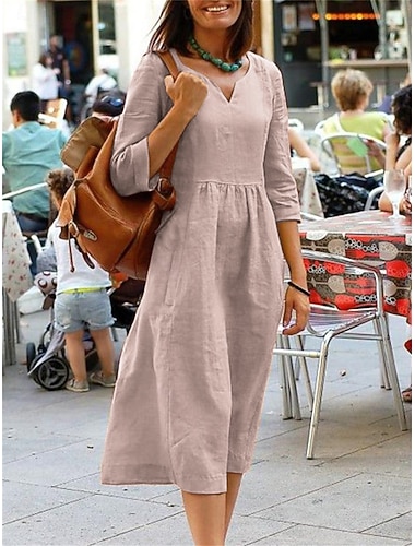  Women's Midi Dress Faux Cotton Linen Shift Dress Casual Dress Basic Casual Daily Work Vacation Regular Fit Plain Half Sleeve V Neck Blue Yellow Pink Red Summer Spring Fall