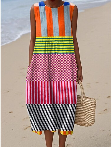  בגדי ריקוד נשים שמלת מידי שמלת שיפט שמלת קיץ שמלה עם כיווץ במותן חופשה יום יומי בוהו חוף ליציאה מונח בצורה רפויה גראפי גיאומטרי מופשט ללא שרוולים צווארון צווארון ורוד מסמיק סגול בהיר ג'ינג'ר קיץ אביב