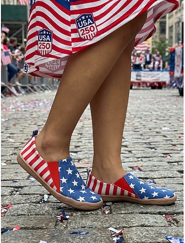 Dames rode en blauwe patriottische slip-on sneakers met vlagprint ter ere van het 250-jarig jubileum van de VS - comfortabele canvas schoenen met vlagprint voor feesten, parades, casual uitjes en