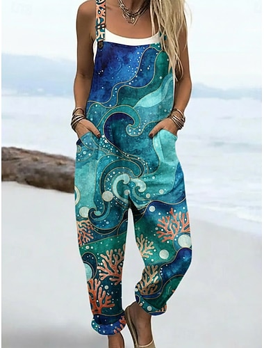  Damen Overall Aktiv Grafik Ärmellos Ärmellos Quadrathals Tasche Druck Täglich Urlaub Lässiger Schnitt Blau Sommer