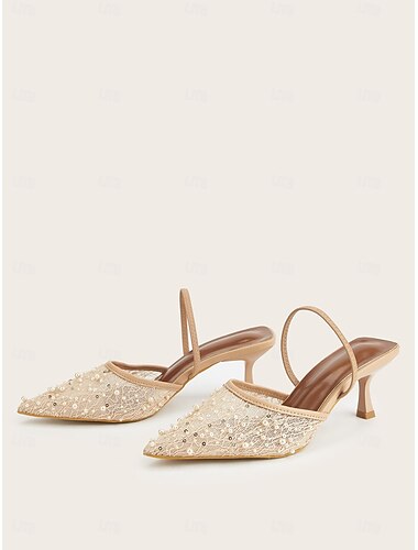  Dames slingback hakken van nude mesh met parels, elegante lage hakken voor bruiloftsgasten, geschikt voor buiten &tuinbruiloft