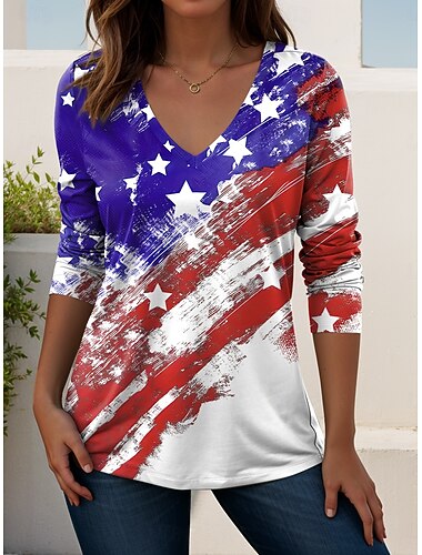  Giorno dell'Indipendenza Americana Per donna Maglietta Stampato Grafico Bandiera Americana Vintage Elegante Classico Manica Lunga Scollo a V Top Regolari Quotidiano Weekend Bianco / blu Bianco Rosso