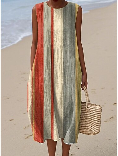  Per donna Abito Midi Abito a Tubino Vestito Estivo Abito a trapezio Vacanza Casual Boho Spiaggia Uscire Vestibilità comoda Grafico Geometrico Astratto Senza Maniche Girocollo Bianco Giallo Verde Cachi
