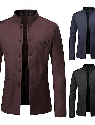  Herren Blazerjacke Formell Vintage Chinoiserie Frühling Ganzjahres POLY Einfarbig Klassisch Lässig / Alltäglich Einreihig Blazer Schwarz Burgunderrot Dunkelblau