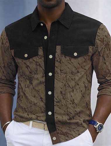  男性用 シャツ カジュアルシャツ コーデュロイシャツ ボタンアップシャツ カーゴシャツ カーキ色 ミリタリーグリーン グレー 長袖 スプラッシュインク シャツカラー カジュアル 日常 パッチワーク 衣類 エレガント ファッション カジュアル スマートカジュアル