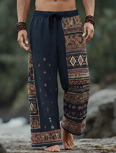  Homens Geométrica Étnico Calças Calças largas Calça casual Cintura Média Boêmio Vintage retrô Casa Ao ar livre Férias Cintura elástica com cordão Calças de linho com bolsos Verão Primavera Impressão
