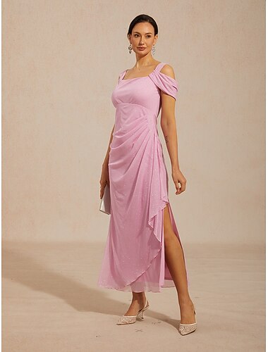  Dames Maxi-jurk Schede jurk Elegant Bruiloft gast Cocktailparty Met ruches Ruche Sparkle Tule Normale pasvorm Effen Kleur Mouwloos Bandje koude schouder Blozend Roze